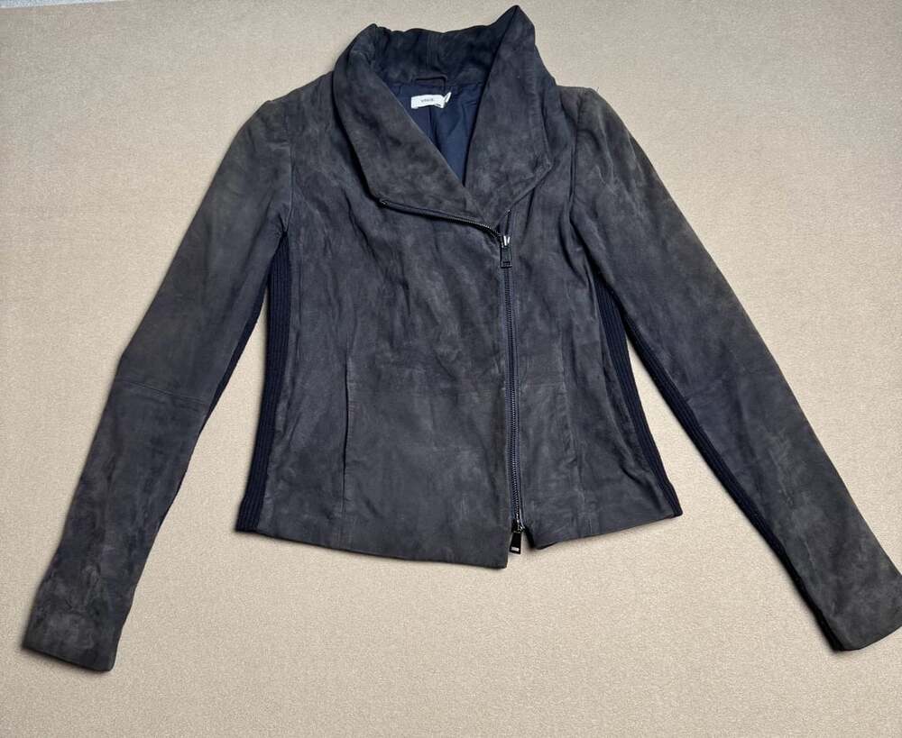 Vince Suede Moto Jacket Size XS Charcoal Goat Leather Asymmetrical Zip